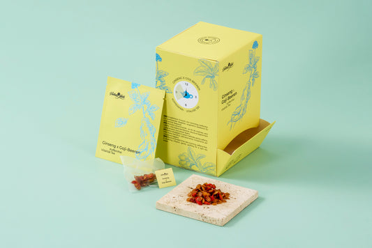 Ginseng and Goji tea box, tea sachet, loose ingredients, and open packaging by HerbalWell