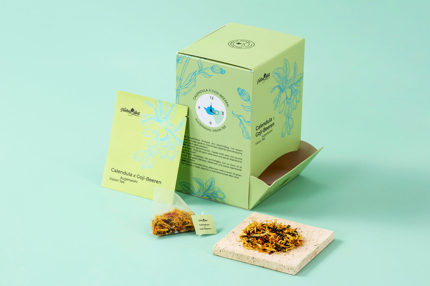 Calendula and Goji tea box, tea sachet, loose ingredients, and open packaging by HerbalWell