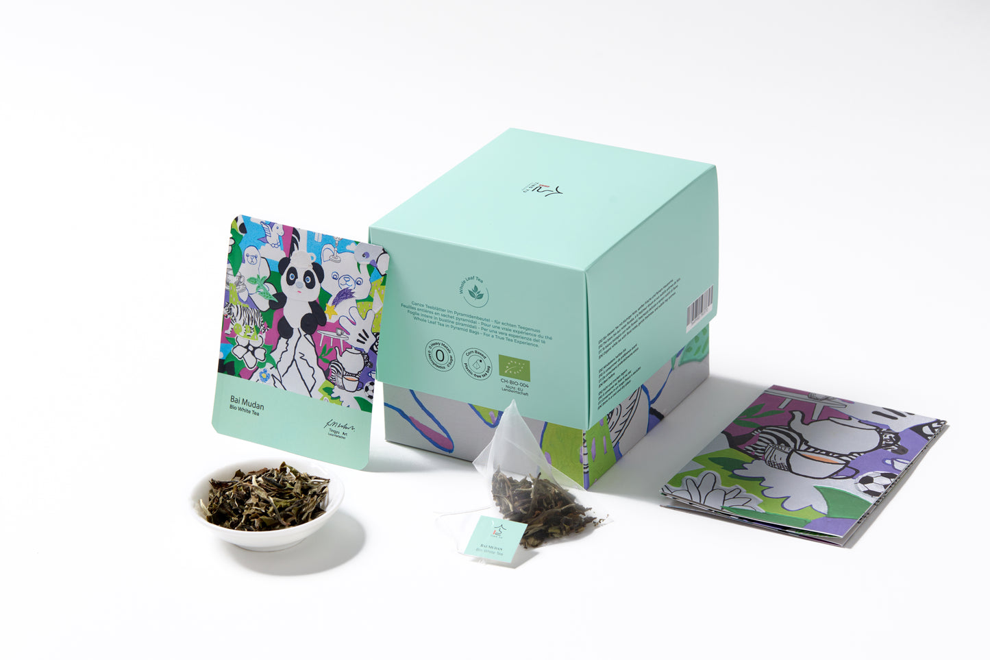 Organic Bai Mudan white tea box, tea sachet, loose tea leaves, and packaging by Tingyu x Art