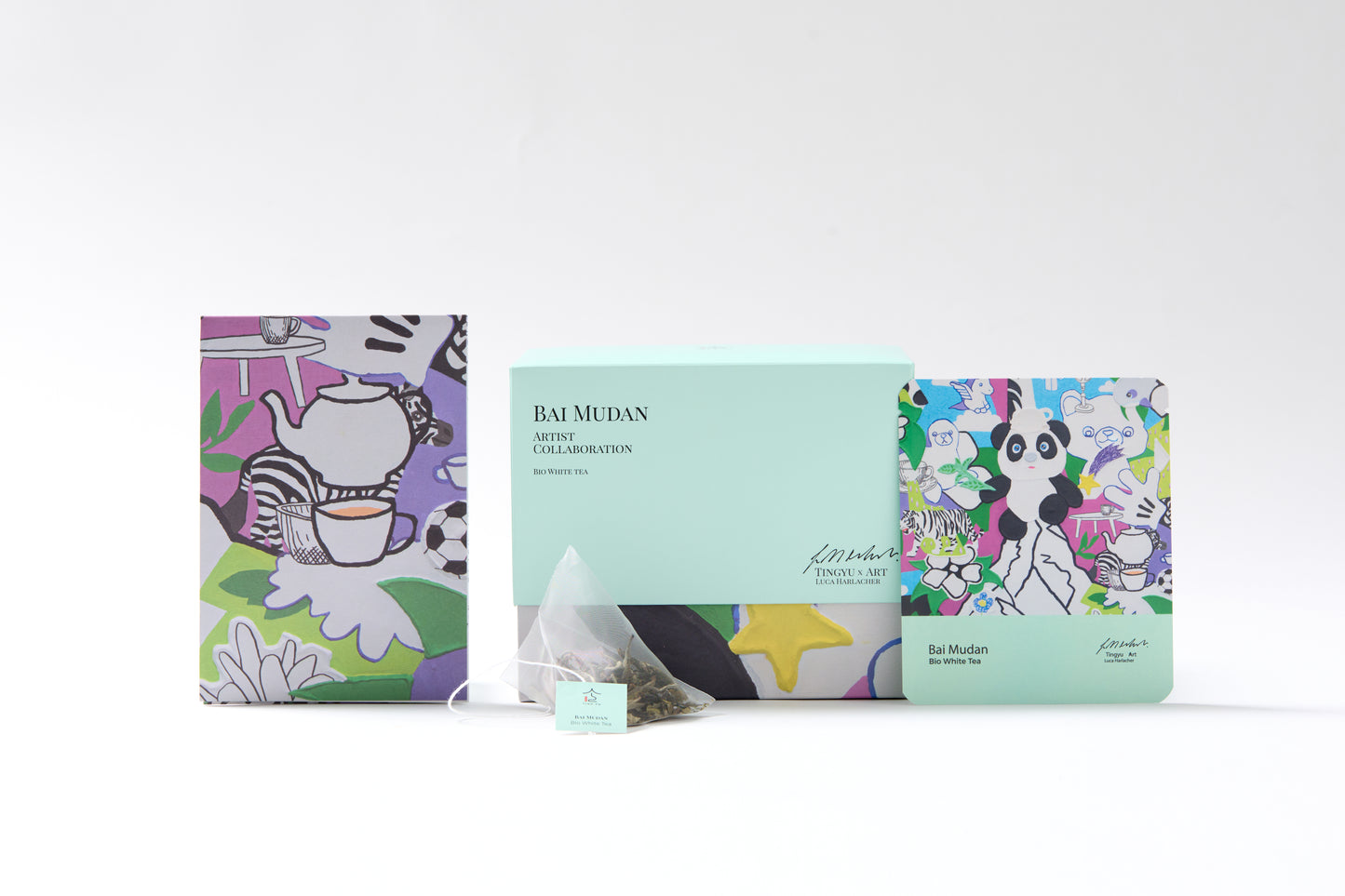 Organic Bai Mudan white tea box and tea sachet from Tingyu x Art by Luca Harlacher