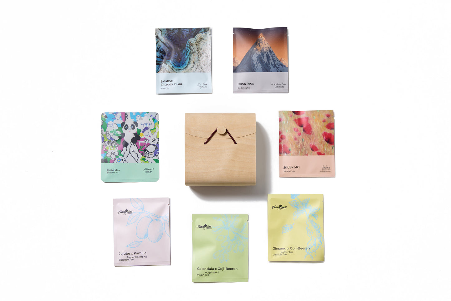 Tea discovery gift box with 7 sachets from Tingyu Teahouse and HerbalWell including Chinese tea and herbal blends