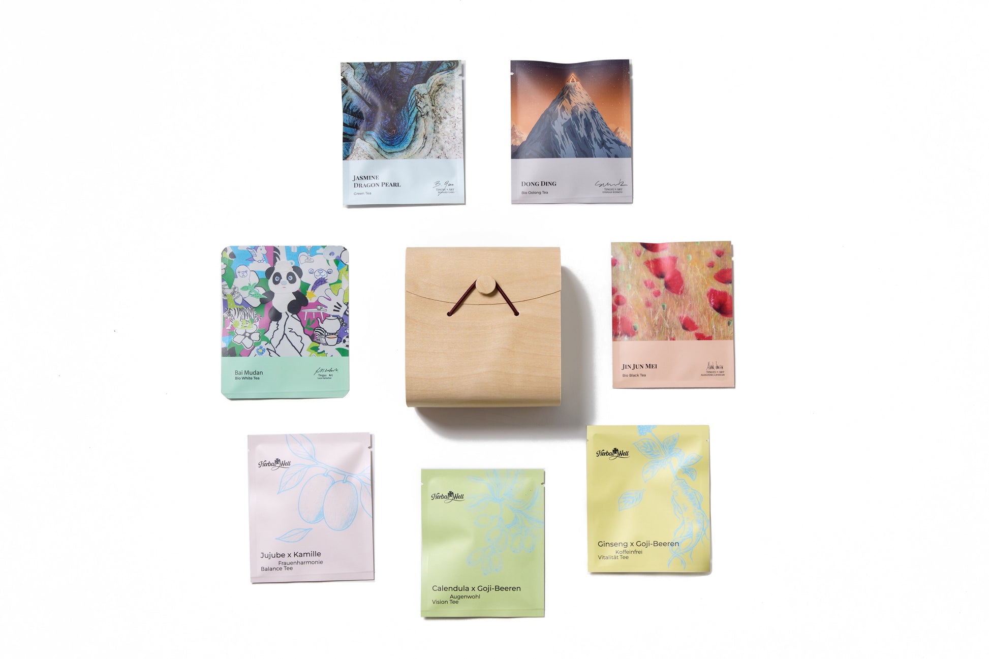 Tea discovery gift box with 7 sachets from Tingyu Teahouse and HerbalWell including Chinese tea and herbal blends