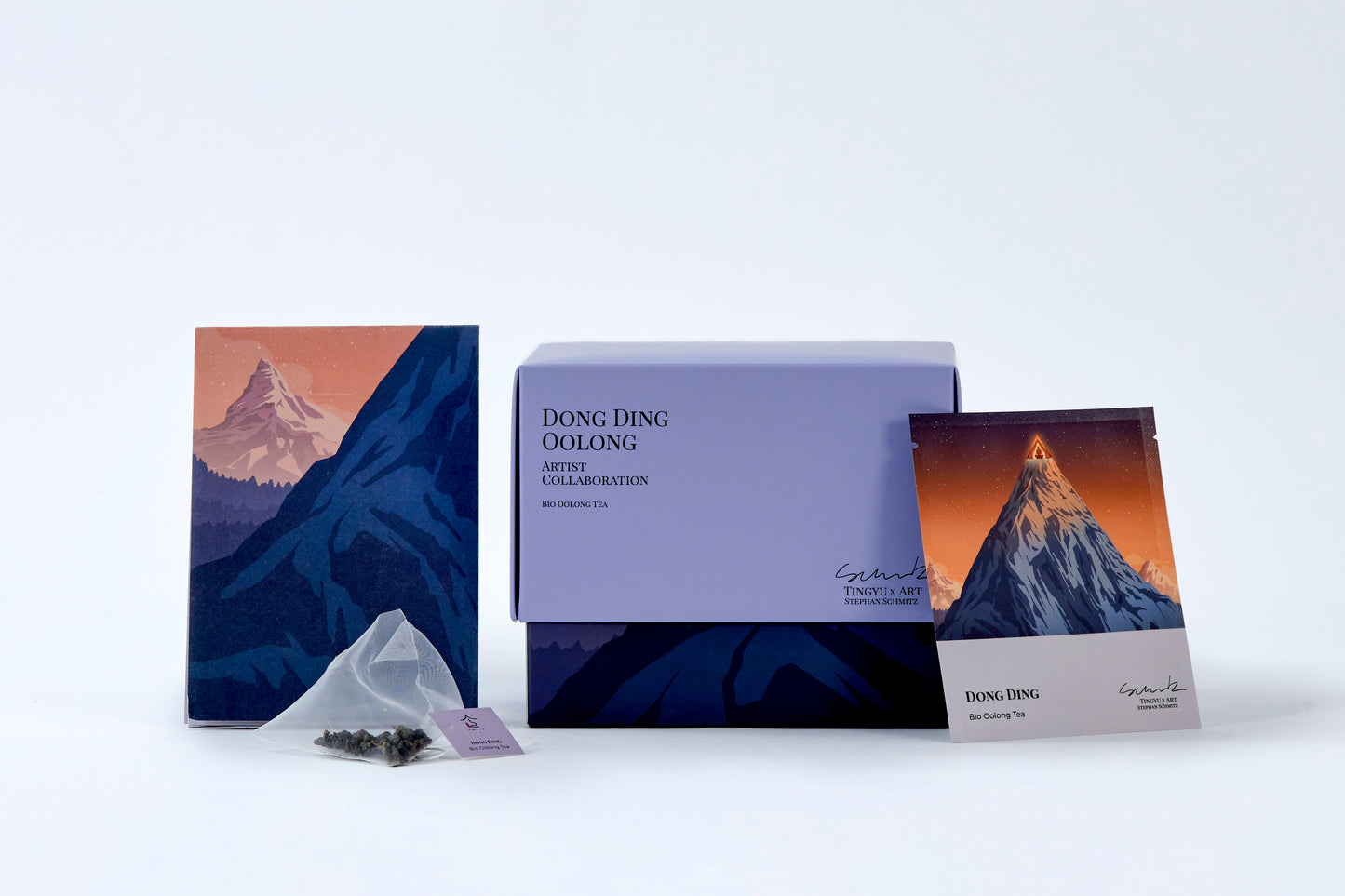 Organic Dong Ding oolong tea box, tea sachet, and loose tea leaves from Tingyu x Art by Stephan Schmitz