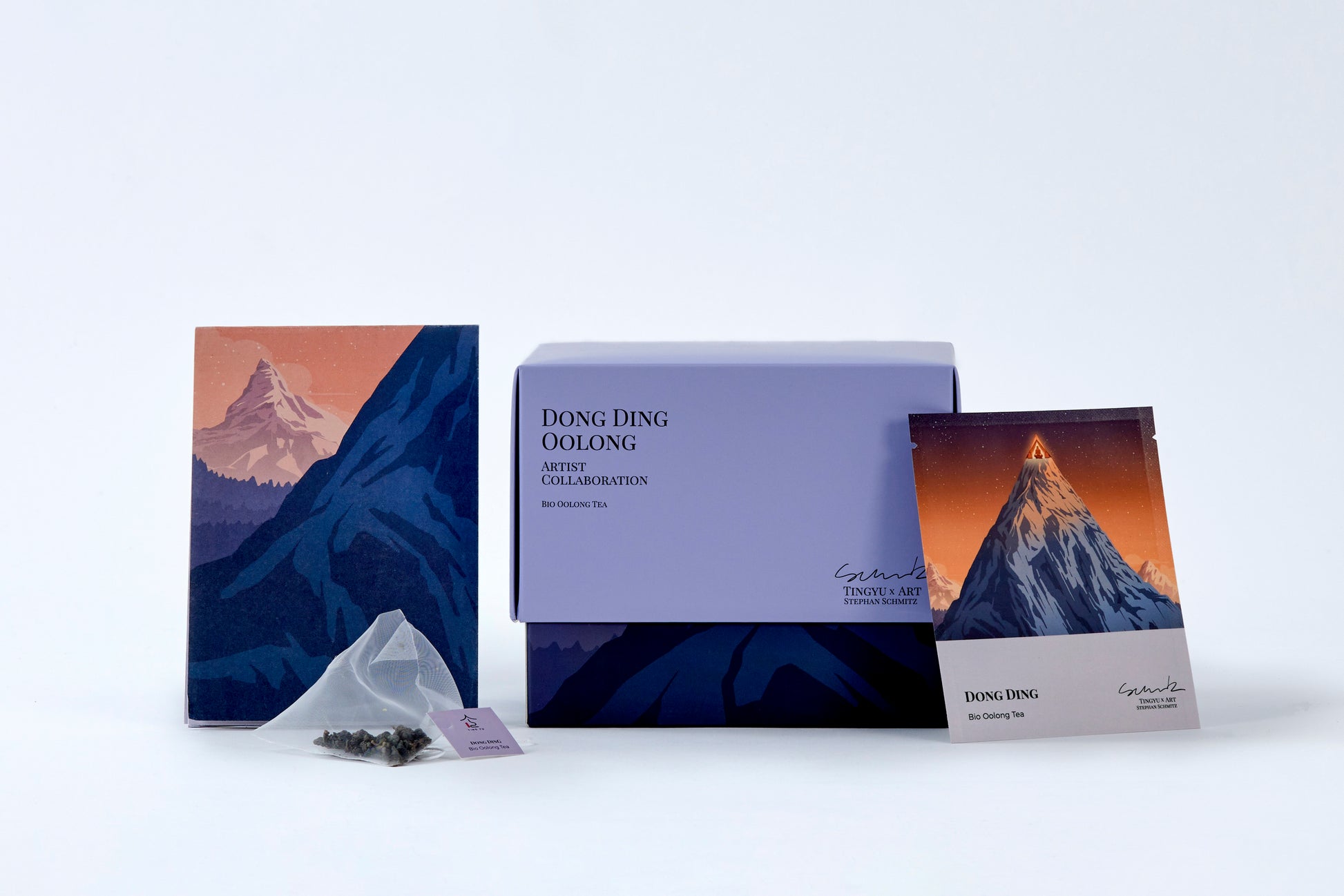Organic Dong Ding oolong tea box, tea sachet, and loose tea leaves from Tingyu x Art by Stephan Schmitz
