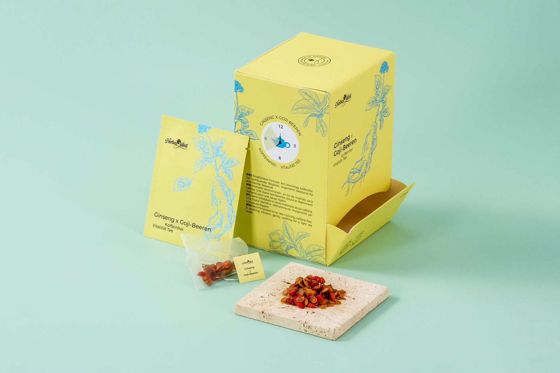 Ginseng and Goji tea box, tea sachet, loose ingredients, and open packaging by HerbalWell