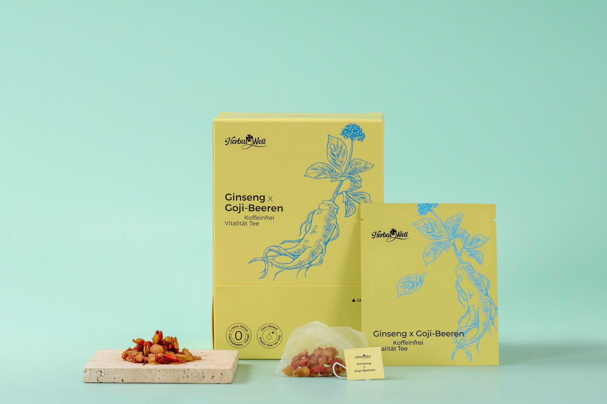 Ginseng and Goji tea box, tea sachet, and loose ingredients by HerbalWell