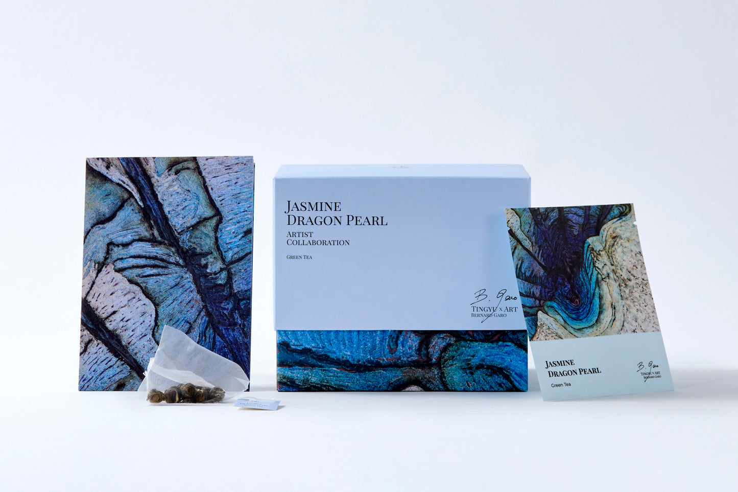 Jasmine Green Tea box and tea sachet from Tingyu x Art by Bernard Garo