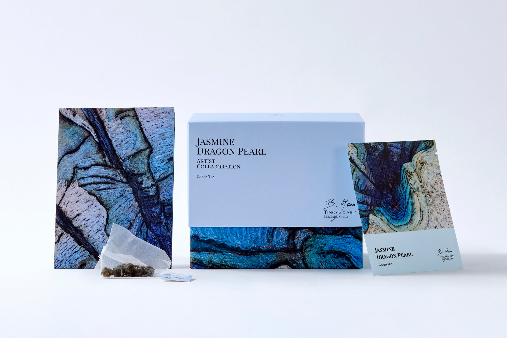 Jasmine Green Tea box and tea sachet from Tingyu x Art by Bernard Garo