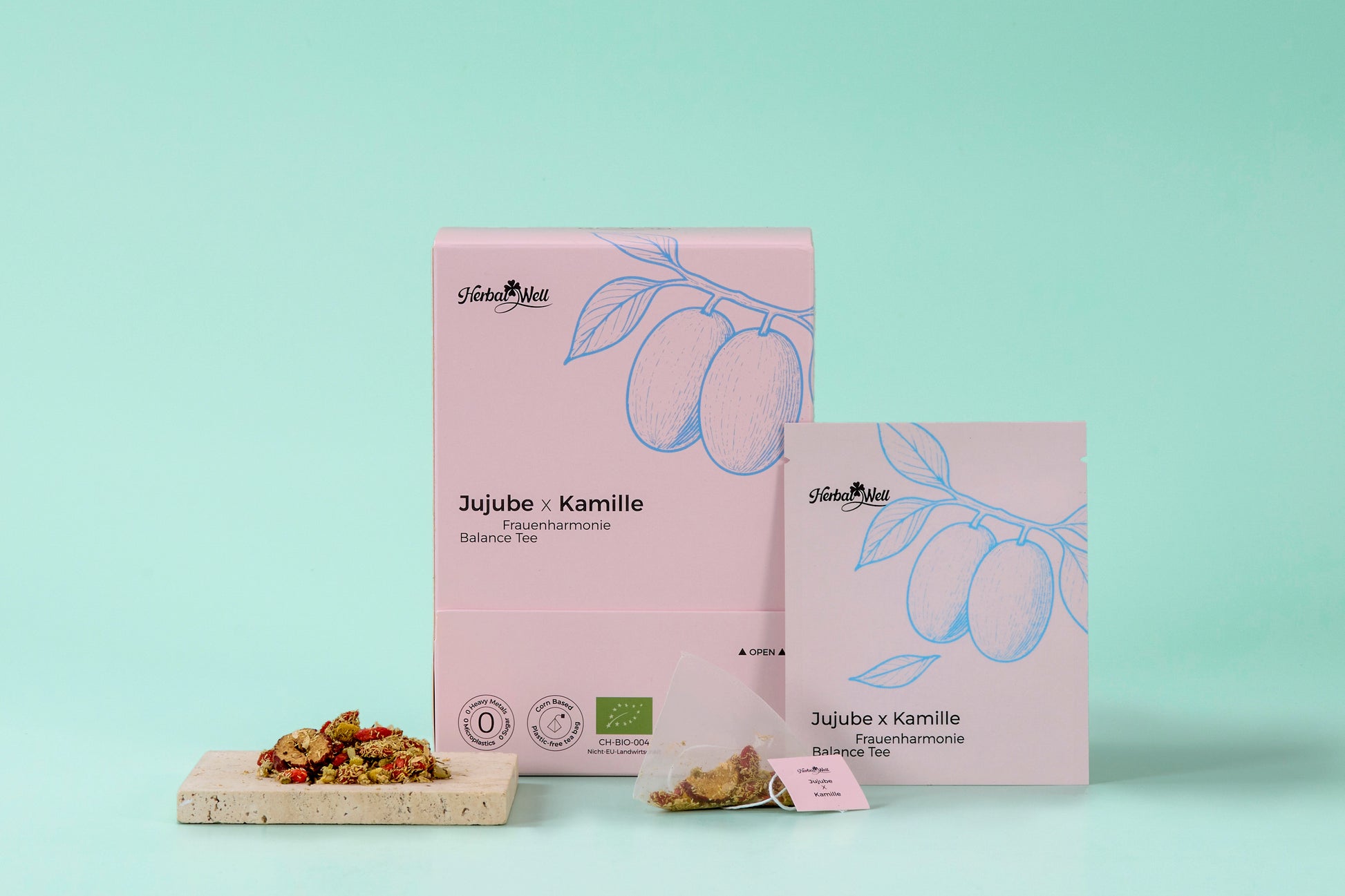 Jujube and Chamomile tea box, tea sachet, and loose ingredients by HerbalWell