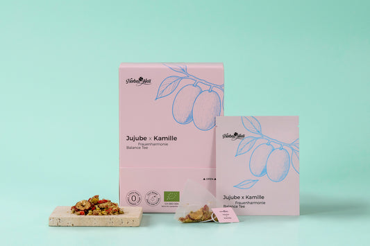 Jujube and Chamomile tea box, tea sachet, and loose ingredients by HerbalWell