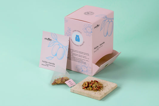 Jujube and Chamomile tea box, tea sachet, loose ingredients, and open packaging by HerbalWell